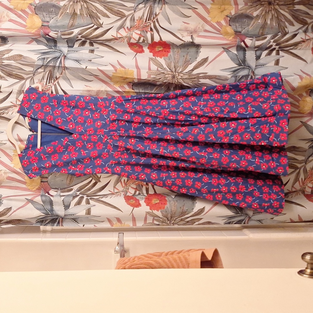 NEW ALICE + OLIVIA RED POPPY BLUE LONG FLARE DRESS FLOATING FLOWERS.